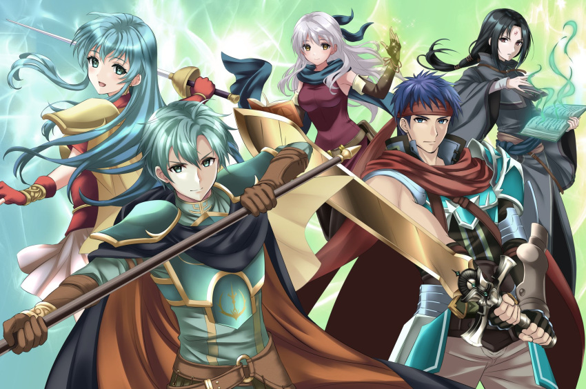 2girls 3boys :d aqua_eyes aqua_hair armor asymmetrical_sleeves bare_shoulders belt birthmark black_cape black_gloves black_hair black_leggings blue_eyes blue_hair blue_scarf book bracelet brother_and_sister brown_gloves cape dress earrings eirika_(fire_emblem) elbow_gloves ephraim_(fire_emblem) facial_mark fingerless_gloves fire_emblem fire_emblem:_radiant_dawn fire_emblem:_the_sacred_stones forehead_mark gloves grey_hair hair_ribbon half_updo headband highres holding holding_book holding_polearm holding_sword holding_weapon ike_(fire_emblem) jewelry kakiko210 leggings light_particles long_hair long_sleeves looking_at_viewer micaiah_(fire_emblem) multiple_boys multiple_girls open_book pants polearm red_cape red_eyes red_gloves ribbon scarf shoulder_armor siblings simple_background skirt sleeveless sleeveless_dress smile soren_(fire_emblem) sword weapon white_skirt yellow_cape yellow_eyes