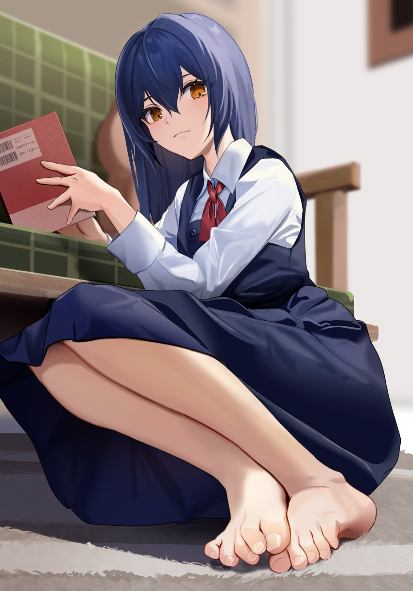 1girl absurdres barefoot blue_dress blurry blurry_background book brown_eyes carpet closed_mouth collared_shirt commission depth_of_field double-parted_bangs dress enoki_hatoko eyelashes feet full_body hair_between_eyes hands_up highres holding holding_book kohinata_kuon leaning_to_the_side long_hair long_sleeves looking_at_viewer neckerchief on_ground original red_neckerchief school_uniform second-party_source shirt skeb_commission solo toenails toes white_shirt