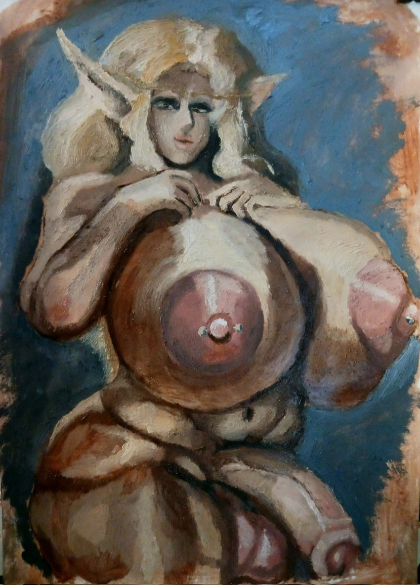 balls big_balls big_breasts big_penis blonde_hair breasts dixxbedru elf fantasy genitals gynomorph hair hi_res huge_breasts humanoid humanoid_pointy_ears intersex oil_painting_(artwork) painting_(artwork) penis piercing solo traditional_media_(artwork) vein veiny_penis white_body white_skin