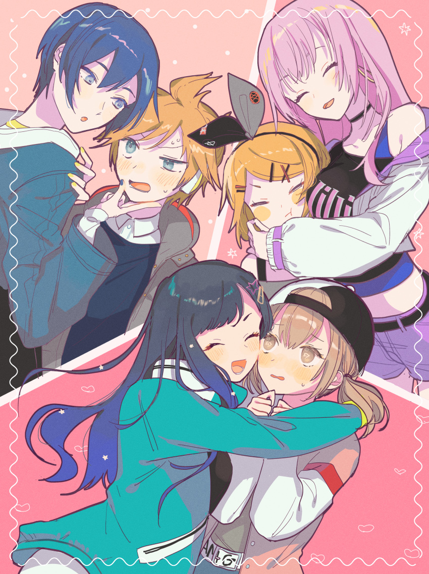 2boys 4girls absurdres black_choker black_hair blonde_hair blue_eyes blue_hair blush brown_eyes cheek-to-breast cheek-to-cheek chestnut_mouth choker closed_eyes dark_blue_hair flustered hat heads_together heart highres hood hoodie hug kagamine_len kaito_(vocaloid) long_hair looking_at_another multiple_boys multiple_girls multiple_hairpins off_shoulder open_mouth pawpawrim pink_background pink_hair project_sekai short_hair smile sweat upper_body vocaloid yaoi yuri