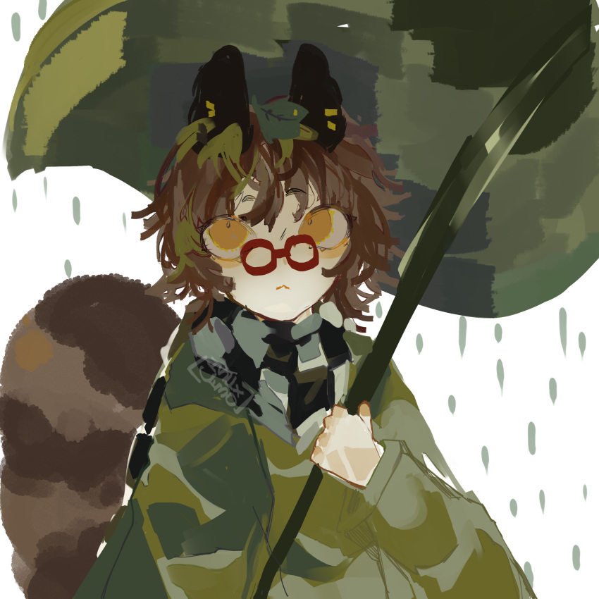 1girl :&lt; absurdres animal_ears brown_eyes brown_hair checkered_clothes checkered_scarf futatsuiwa_mamizou glasses haori highres holding holding_umbrella japanese_clothes kimono leaf leaf_on_head leaf_umbrella myiaouwl orange_eyes pince-nez raccoon_ears raccoon_girl raccoon_tail rain red-framed_eyewear round_eyewear scarf short_hair simple_background solo tail tanuki touhou umbrella water_drop white_background