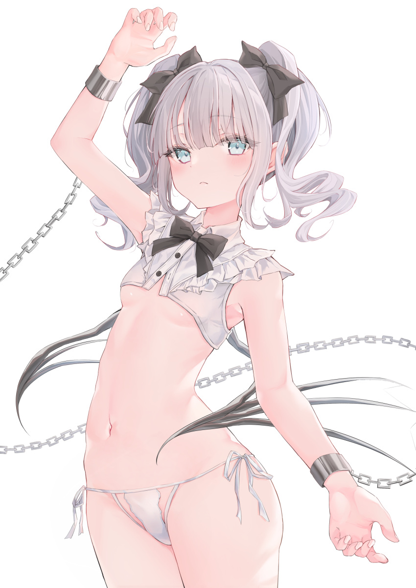 1girl absurdres arm_up armpits black_bow black_bowtie blue_eyes blunt_bangs blush bow bowtie breasts buttons chain chained cowboy_shot crop_top cuffs curly_hair demon_wings fingernails frilled_shirt frills hair_bow highres light_frown looking_at_viewer navel nkkreooo original panties shackles shirt short_twintails side-tie_panties simple_background small_breasts solo twintails underwear white_background white_hair white_panties wings
