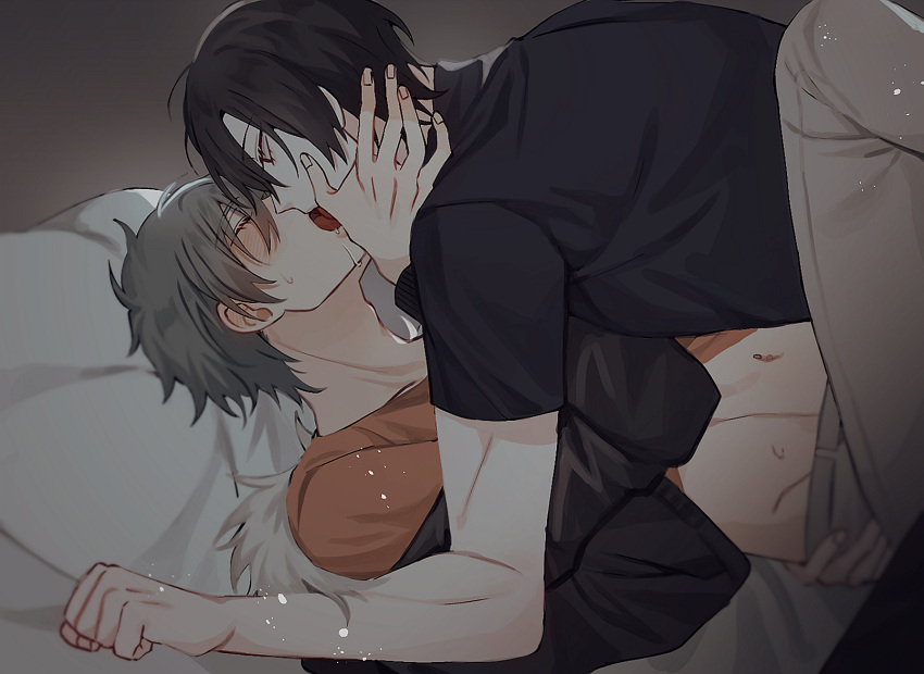 100_(artist) 2boys akira_(togainu_no_chi) black_hair black_sweater blush closed_eyes clothes_lift french_kiss fur-trimmed_hood fur_trim grey_hair grey_pants hair_between_eyes highres hood jacket kiss knee_up looking_at_another lying male_focus multiple_boys navel navel_piercing on_back on_bed open_clothes open_jacket orange_shirt pants piercing profile shiki_(togainu_no_chi) shirt shirt_lift short_hair sketch sweat sweater togainu_no_chi upper_body yaoi