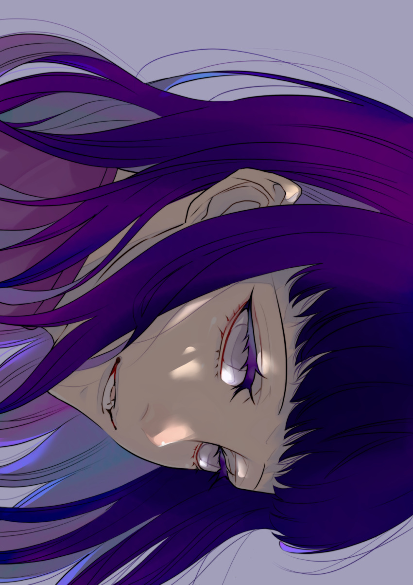 1girl colored_eyelashes from_side grey_background grey_eyes grey_lips half-closed_eyes highres hyuuga_hinata long_hair looking_ahead naruto:_the_last naruto_(series) parted_lips portrait purple_hair purple_theme rock54t sideways simple_background smile solo