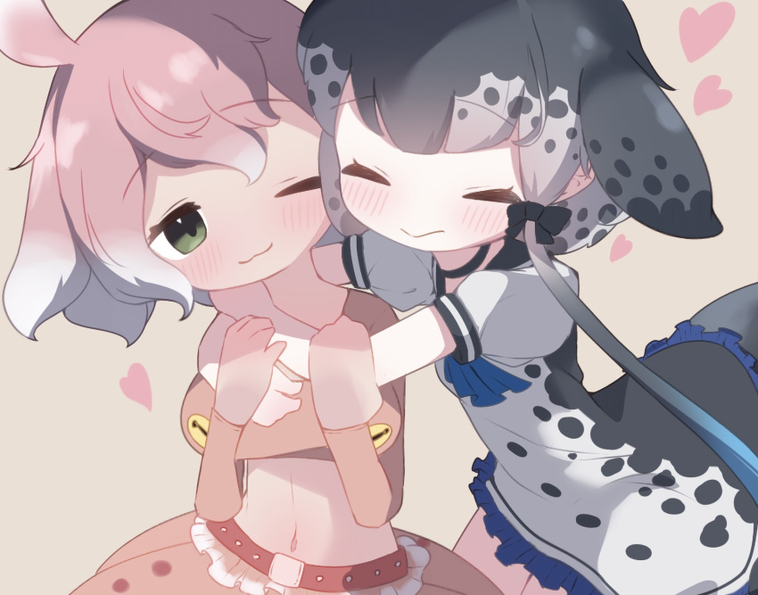 2girls :3 barefoot black_choker blue_neckerchief blush cetacean_tail choker closed_eyes dress fins fish_tail frilled_dress frills green_eyes grey_dress grey_hair head_fins highres hug japanese_pancake_devilfish_(kemono_friends) kemono_friends kemono_friends_3 long_sleeves midriff multicolored_hair multiple_girls narwhal_(kemono_friends) navel neckerchief one_eye_closed pink_hair pink_shirt pink_skirt pleated_skirt puffy_short_sleeves puffy_sleeves sarutori shirt short_hair short_hair_with_long_locks short_sleeves sidelocks skirt smile tail two-tone_dress two-tone_hair whale_girl white_hair yuri