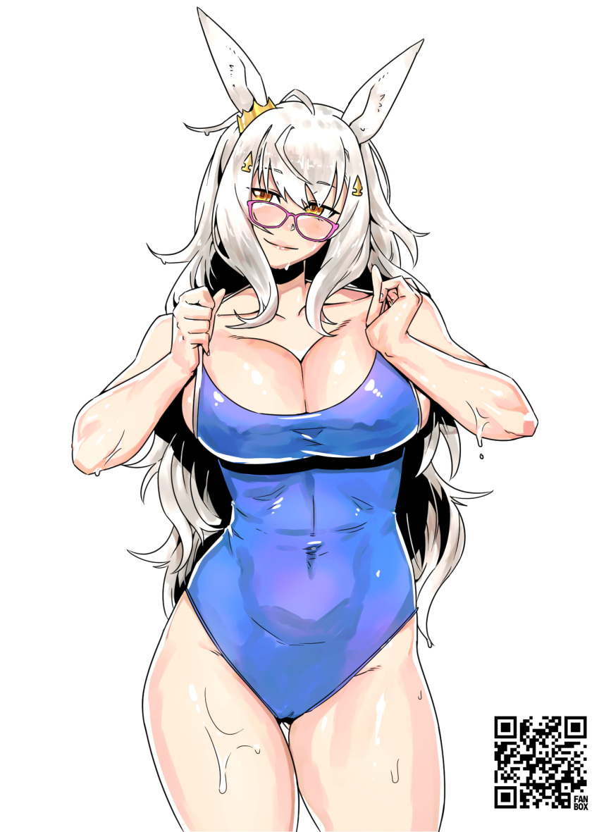 1girl animal_ears bare_shoulders biwa_hayahide_(umamusume) blue_one-piece_swimsuit breasts cleavage closed_mouth commentary_request cowboy_shot ear_ornament glasses grey_hair hair_between_eyes hair_ornament highres horse_ears horse_girl large_breasts long_hair looking_at_viewer minew one-piece_swimsuit pink-framed_eyewear qr_code simple_background smile solo swimsuit thigh_gap umamusume wet wet_clothes wet_swimsuit white_background yellow_eyes