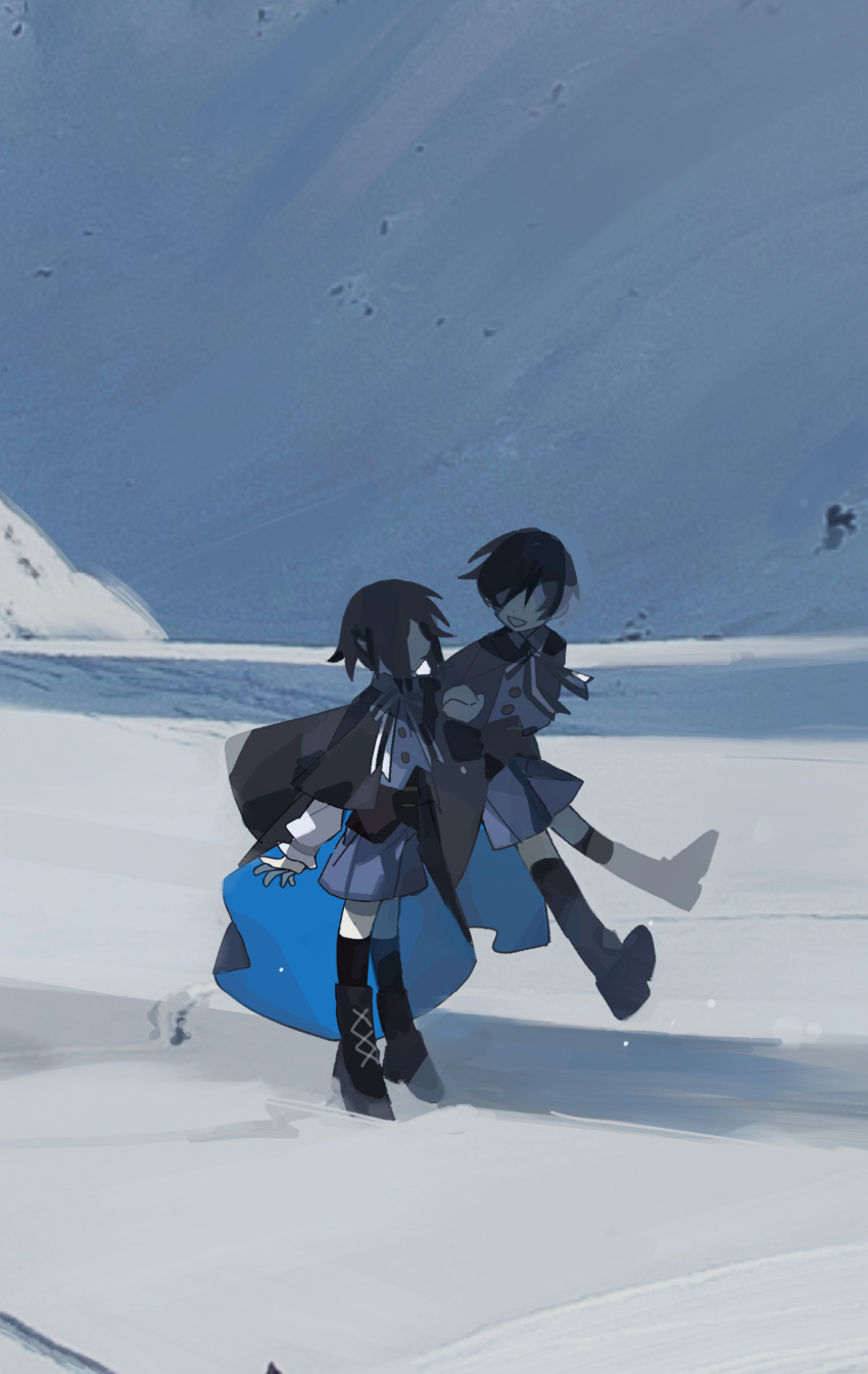 2boys absurdres black_cape black_capelet black_footwear black_hair black_socks blue_cape blue_shorts blue_skirt blue_sky boots bow bowtie buttons cape capelet character_request check_character chinese_commentary commentary_request cross-laced_footwear faceless faceless_female full_body highres looking_at_another mahoutsukai_no_yakusoku male_focus midair miniskirt multiple_boys no_eyes open_mouth outdoors over-kneehighs shadow shirt short_hair shorts skirt sky smile snow_(mahoutsukai_no_yakusoku) socks thighhighs tiankong_yiji tundra two-sided_cape two-sided_fabric white_(mahoutsukai_no_yakusoku) white_bow white_bowtie white_shirt