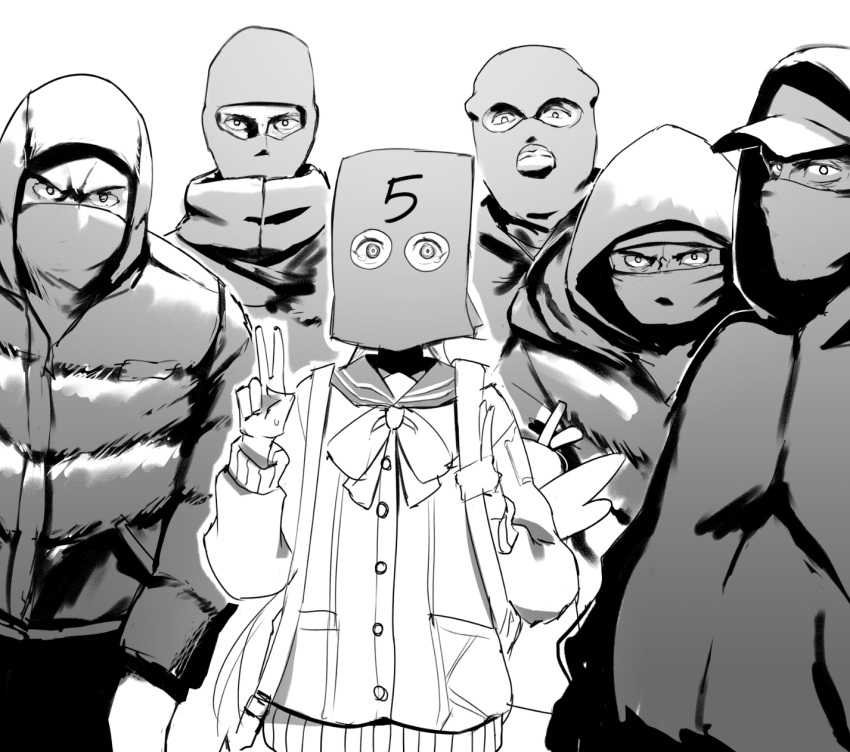 1girl 5boys angry backpack bag bag_over_head balaclava bandana bandana_over_mouth blue_archive bow bowtie cardigan down_jacket greyscale hifumi_(blue_archive) highres hood hood_up hooded_jacket jacket long_sleeves looking_at_viewer monochrome multiple_boys paper_bag sailor_collar simple_background sweat tearing_up upper_body v yblndr