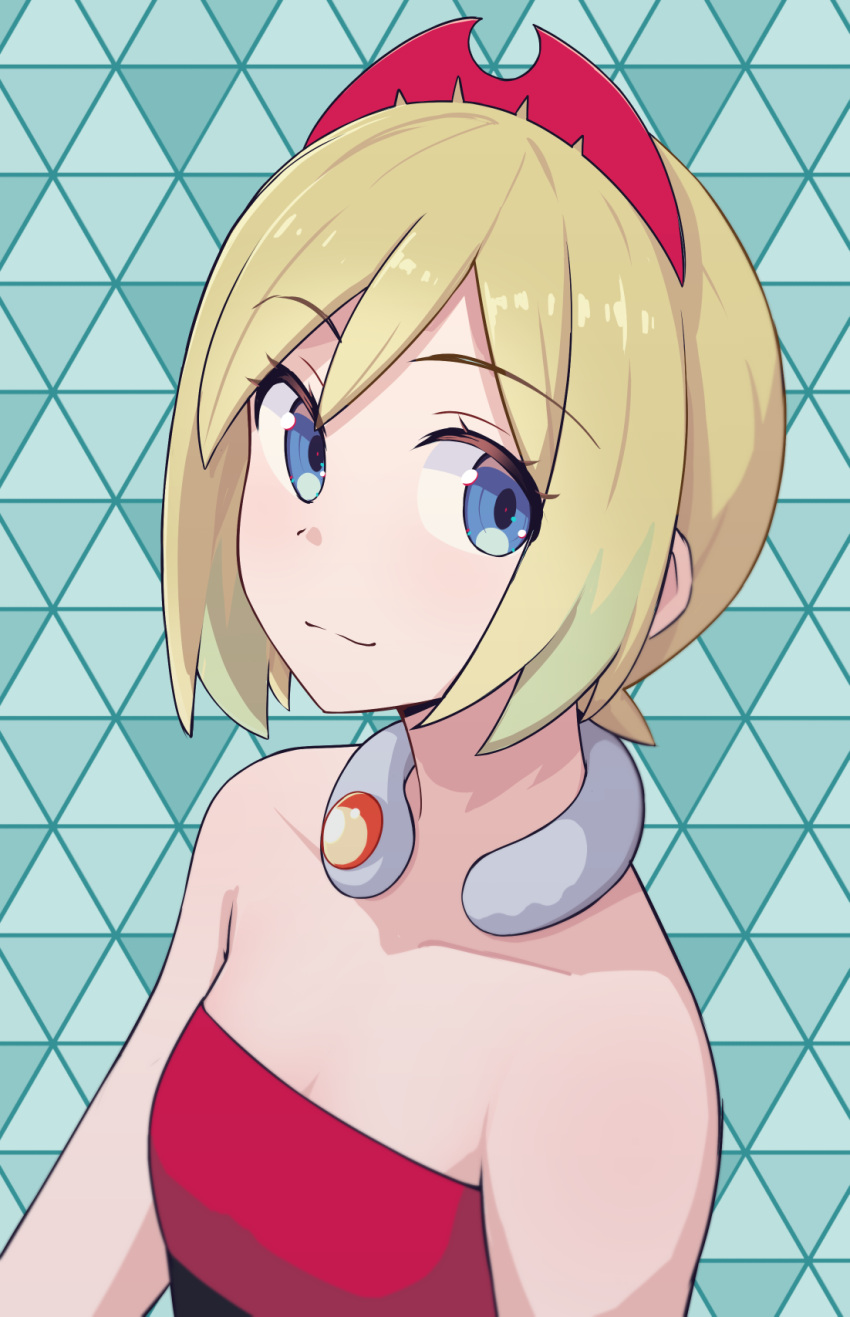 1girl bare_shoulders blonde_hair blue_eyes closed_mouth collarbone commentary_request eyelashes green_background hairband highres irida_(pokemon) jewelry looking_to_the_side neck_ring pokemon pokemon_legends:_arceus shirt short_hair smile solo strapless strapless_shirt umibato upper_body