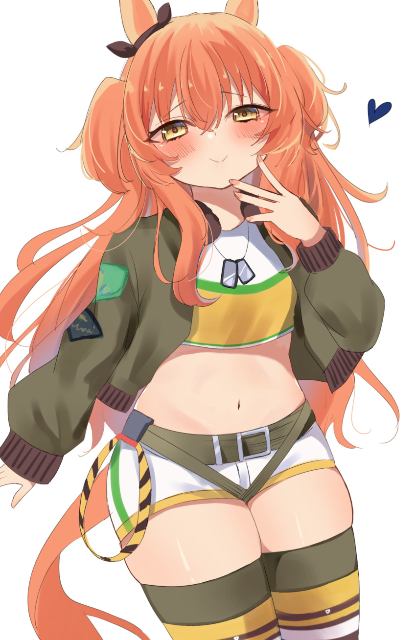 1girl absurdres animal_ears arm_support belt blush bomber_jacket breasts brown_ribbon brown_thighhighs closed_mouth commentary_request cowboy_shot crop_top dog_tags ear_ribbon green_belt green_jacket hair_between_eyes hand_up highres horse_ears horse_girl jacket kaoru_(h8qm9) long_hair long_sleeves looking_at_viewer mayano_top_gun_(umamusume) midriff navel open_clothes open_jacket orange_eyes orange_hair ribbon salute shadow shirt short_shorts shorts sidelocks sitting small_breasts smile solo thighhighs thighs two_side_up umamusume white_background white_shorts yellow_shirt zettai_ryouiki