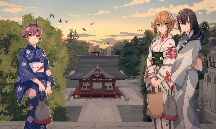 ahoge alternate_costume bag black_hair blue_kimono blue_sky brown_eyes brown_hair cloud feet_out_of_frame flipped_hair floral_print flower green_eyes grey_kimono hair_flower hair_ornament japanese_clothes kantai_collection kasumi_(skchkko) kimono long_hair looking_at_viewer mutsu_(kancolle) nagato_(kancolle) outdoors purple_hair red_eyes sakawa_(kancolle) satchel short_hair shrine sky sunrise tree white_kimono yukata