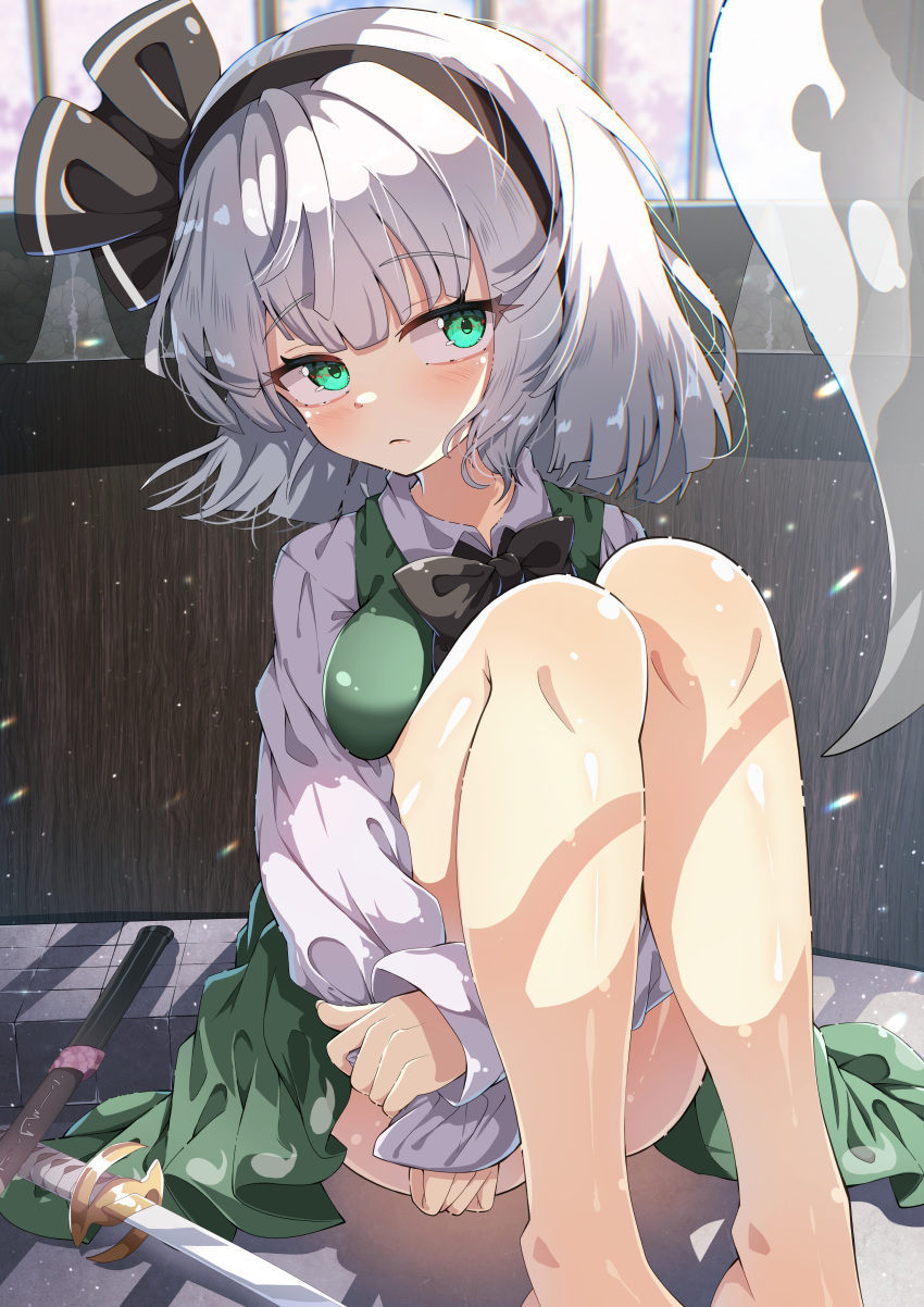 1girl absurdres bare_legs black_hairband blush bob_cut bow bowtie breasts collared_shirt commentary_request dfra feet_out_of_frame ghost green_eyes green_skirt green_vest hair_bow hairband highres hitodama_print hugging_own_legs indoors knees_up konpaku_youmu konpaku_youmu_(ghost) legs light_particles looking_at_viewer scabbard sheath shirt short_hair sitting skirt skirt_set solo sword touhou vest weapon white_hair white_shirt window