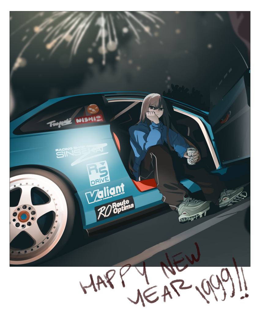 1999 1girl absurdres aerial_fireworks air_max asamiya_mariko black_pants blue_hoodie blurry brown_eyes brown_hair can car closed_mouth dated depth_of_field dutch_angle english_commentary english_text fireworks full_body grey_footwear hand_on_own_chin highres holding holding_can holeecrab hood hoodie long_hair long_sleeves looking_at_viewer motor_vehicle night nissan_s14_silvia nissan_silvia original pants polaroid sitting smile solo sponsor sticker track_pants wheel