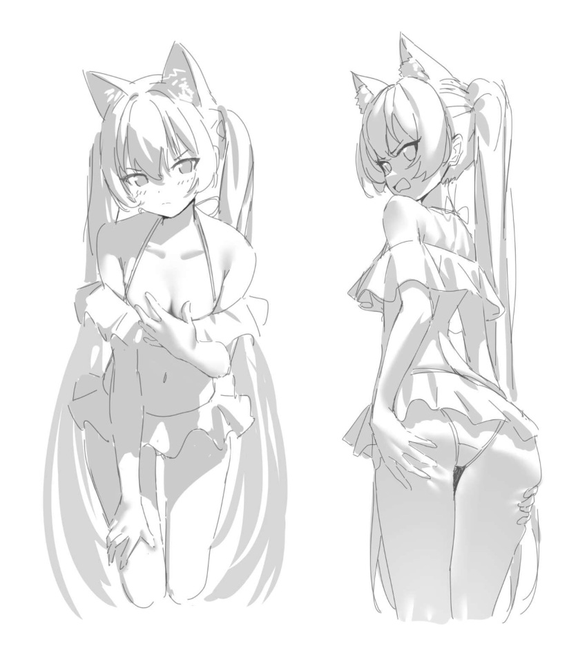 1girl animal_ears annoyed ass bikini blue_archive blush breasts cat_ears closed_mouth cropped_legs frilled_bikini frills greyscale hand_on_own_chest hands_on_own_ass highres leaning_forward long_hair looking_at_viewer monochrome multiple_views navel open_mouth serika_(blue_archive) serika_(swimsuit)_(blue_archive) simple_background sketch small_breasts solo_focus swimsuit twintails xintianou