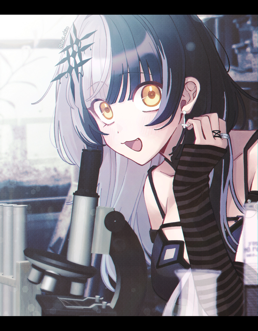 021_shiro 1girl :3 absurdres black_hair blush breasts brown_eyes collarbone fang grey_hair highres hololive hololive_english large_breasts letterboxed long_hair looking_at_viewer microscope multicolored_hair open_mouth shiori_novella shiori_novella_(1st_costume) smile solo virtual_youtuber yellow_eyes