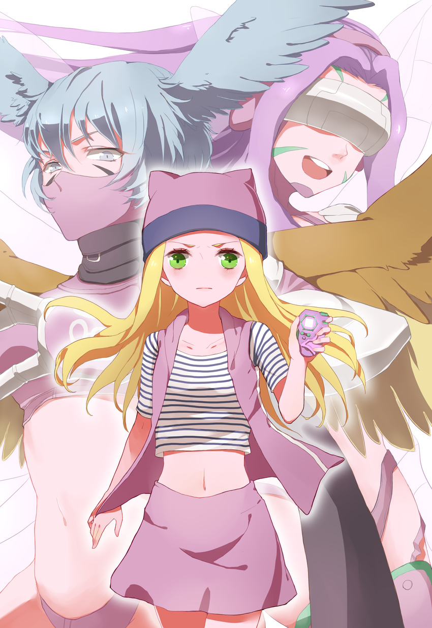 absurdres blonde_hair blue_eyes blue_hair blush butterfly_wings claws collarbone digimon digimon_frontier digivice facial_mark fairymon garter_straps green_eyes hat head_wings highres long_hair looking_at_viewer mask midriff multiple_girls multiple_persona navel open_mouth orimoto_izumi pink_skirt planetariu purple_hair scarf shirt short_hair shutumon skirt striped striped_shirt thighhighs visor wings