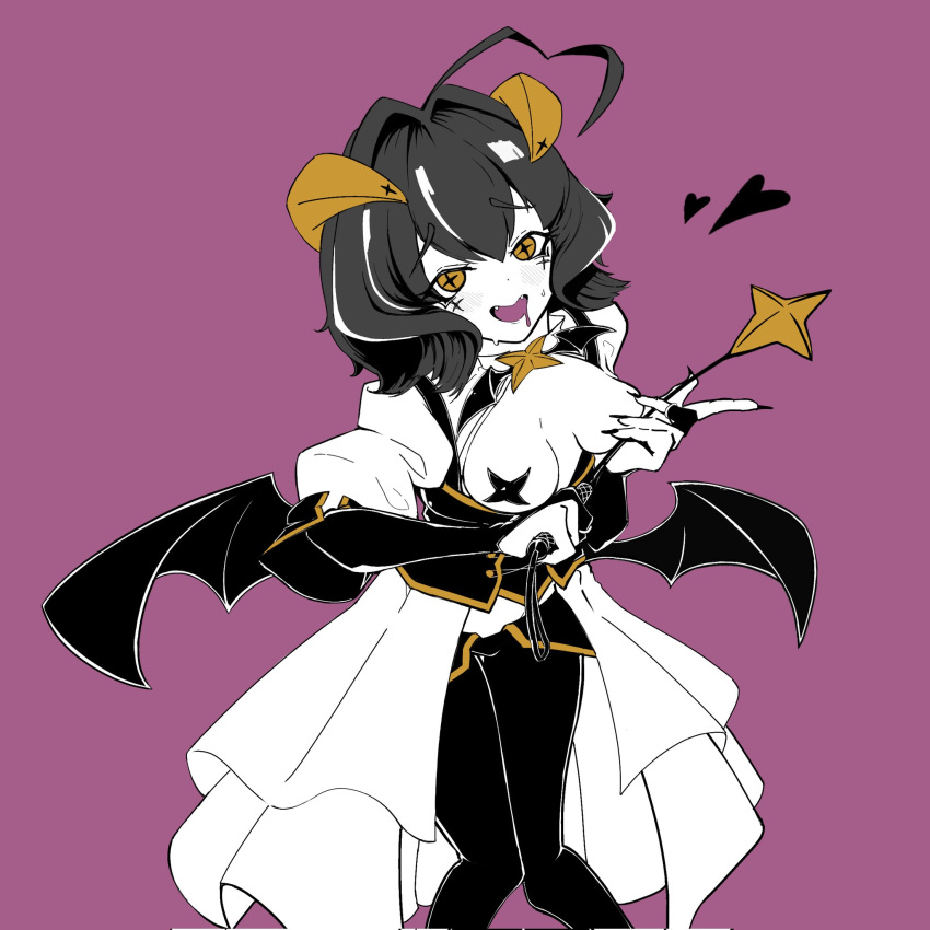 1girl bat_wings black_corset black_hair black_pants black_pasties breastless_clothes breasts corset demon_horns fang forward_facing_horns highres hiiragi_utena holding_riding_crop horns looking_at_viewer low_wings lowleg lowleg_pants magia_baiser magical_girl mahou_shoujo_ni_akogarete medium_breasts navel pants pasties revealing_clothes riding_crop short_hair showgirl_skirt simple_background solo standing star-shaped_pupils star_(symbol) star_pasties symbol-shaped_pupils wings yellow_eyes zhenjie20