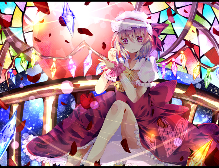 1girl adapted_costume back_bow bow bowtie closed_mouth collared_shirt crystal dress feet_out_of_frame flandre_scarlet glowing glowing_wings hat hat_ribbon head_tilt large_bow looking_at_viewer mob_cap multicolored_background multicolored_wings nekoruri puffy_short_sleeves puffy_sleeves red_bow red_dress red_eyes red_ribbon ribbon shirt short_sleeves sleeve_ribbon solo touhou white_headwear white_shirt wings wrist_cuffs yellow_bow yellow_bowtie