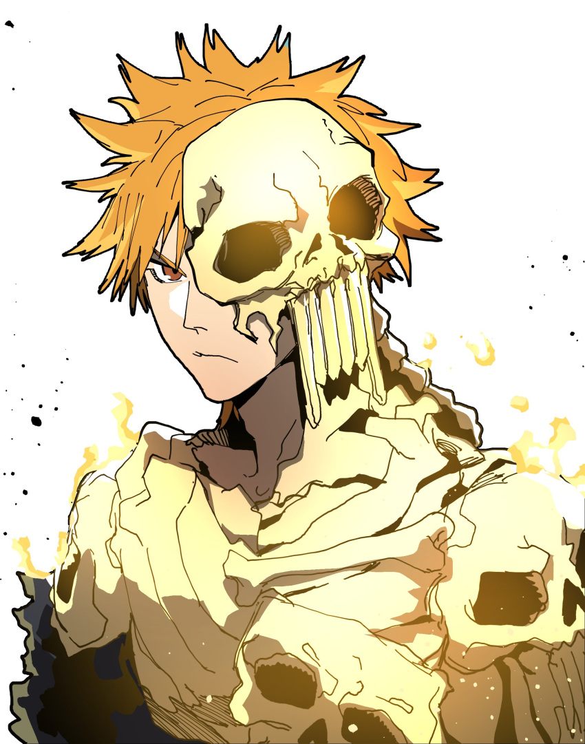 1boy absurdres angry bleach bleach:_jigoku-hen bone_armor brown_eyes burning closed_mouth fire from_side glowing highres isaacchief300 kurosaki_ichigo looking_at_viewer male_focus mask mask_over_one_eye official_alternate_costume one_eye_covered orange_hair paint_splatter shinigami simple_background skull skull_mask solo spiked_hair unworn_mask upper_body v-shaped_eyebrows white_background