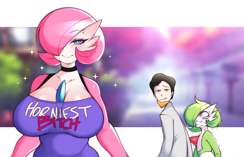2024 big_breasts breasts cleavage clothed clothing eyebrow_piercing facial_piercing female flat_chested gardevoir generation_3_pokemon green_hair group hair hi_res human male mammal nintendo not_furry piercing pink_hair pokemon pokemon_(species) saltyxodium trio