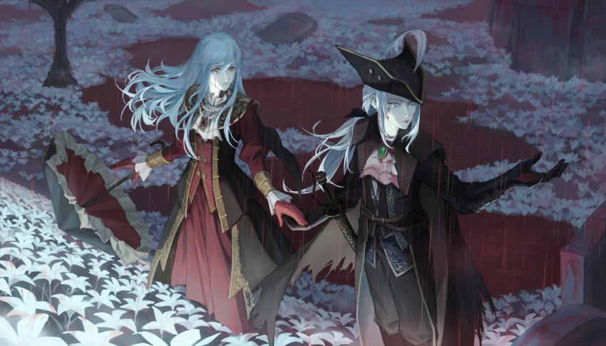 2girls ascot black_cape black_coat black_gloves black_pants blood blood_on_face bloodborne cape character_request chinese_commentary coat commentary_request dododo field flower flower_field gloves hat hat_feather highres lady_maria_of_the_astral_clocktower lily_(flower) long_hair long_skirt multiple_girls pants ponytail pool_of_blood rain raining_blood red_gloves red_skirt sheath sheathed shoulder_pads skirt sword tree tricorne umbrella weapon