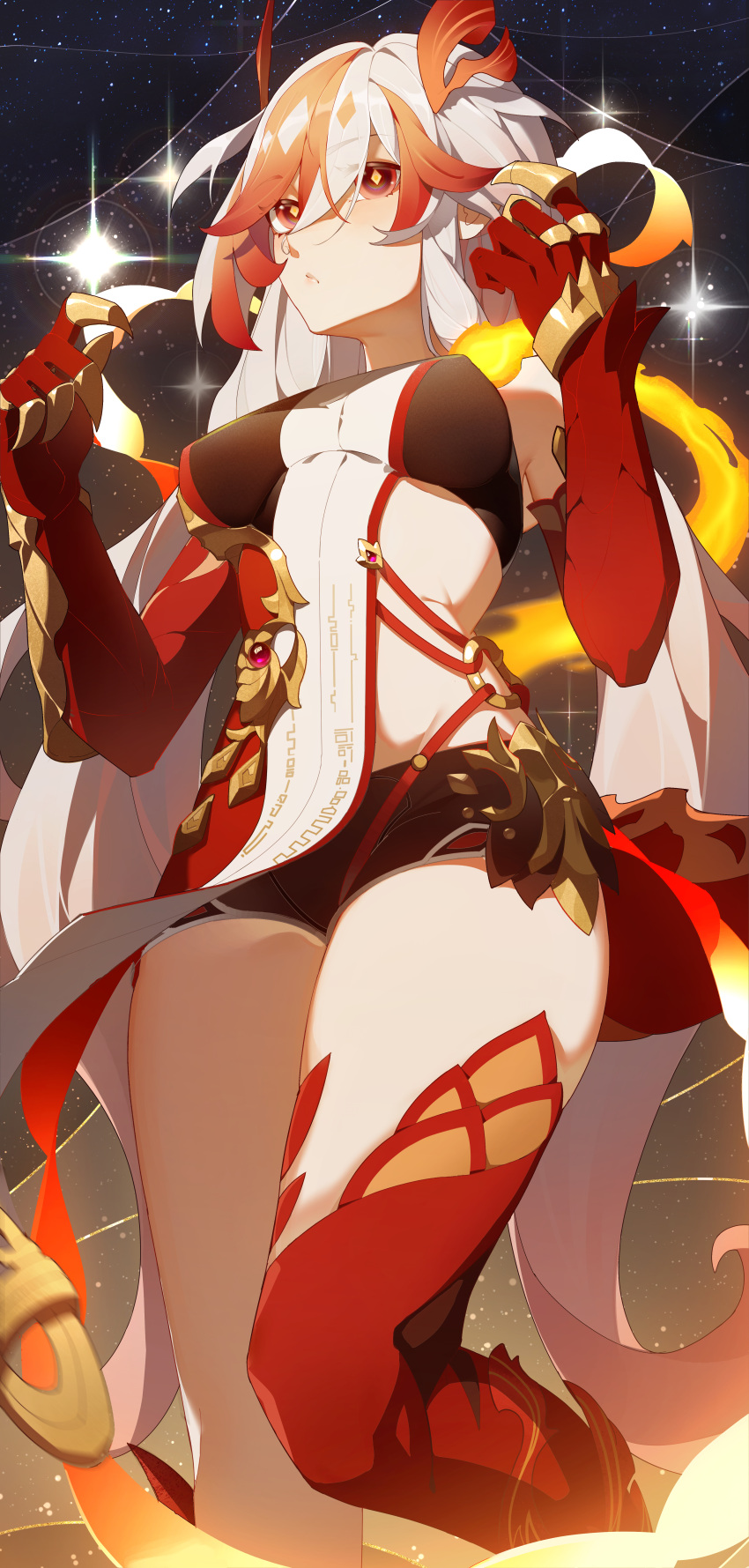 1girl absurdres black_shorts breasts commentary_request cowboy_shot dress fu_hua fu_hua_(fenghuang_of_vicissitude) hair_between_eyes hands_up highres honkai_(series) honkai_impact_3rd jinjide_shaonian long_hair looking_at_viewer medium_breasts midriff multicolored_hair red_eyes red_hair short_shorts shorts solo standing streaked_hair thighs very_long_hair white_hair