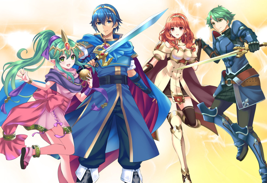 2boys 2girls :d alm_(fire_emblem) armor black_thighhighs blue_eyes blue_footwear blue_hair blush bracelet cape celica_(fire_emblem) dress earrings falchion_(fire_emblem) fingerless_gloves fire_emblem fire_emblem:_mystery_of_the_emblem fire_emblem:_shadow_dragon_and_the_blade_of_light fire_emblem_echoes:_shadows_of_valentia gloves green_eyes green_hair hair_ornament headband highres holding holding_sword holding_weapon jewelry kakiko210 long_hair looking_at_viewer marth_(fire_emblem) multiple_boys multiple_girls open_mouth pink_dress pointy_ears ponytail red_eyes red_hair ribbon short_dress simple_background smile sword thighhighs tiara tiki_(fire_emblem) tiki_(young)_(fire_emblem) weapon white_footwear