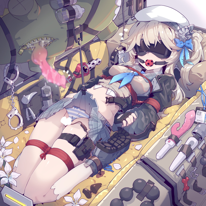 1girl absurdres animal_penis arms_behind_back ball_gag black_blindfold black_footwear blindfold blue_neckerchief bound breasts character_request commentary_request dildo full_body gag gagged girls'_frontline grey_hair grey_skirt highres hitachi_magic_wand imazawa knotted_penis long_hair lying medium_breasts miniskirt navel neckerchief on_back open_mouth paid_reward_available penis plaid plaid_skirt pleated_skirt restrained sex_toy shoe_soles side_ponytail skirt solo variant_set vibrator wavy_mouth white_headwear