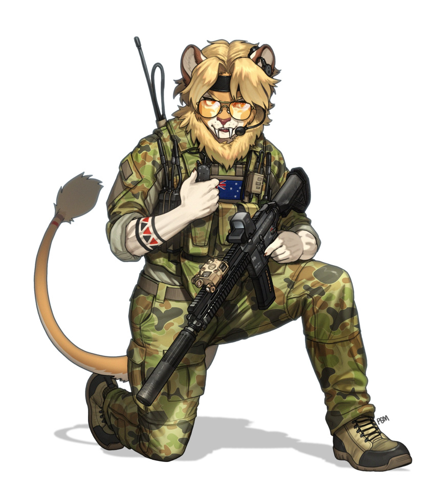 2024 anthro assault_rifle australian_flag belt blonde_hair boots camo camo_clothing camo_print clothing eyewear felid footwear fur gun hair hi_res holding_object kneeling lion male mammal pantherine pattern_clothing pgm300 ranged_weapon rifle short_hair simple_background solo sunglasses tail tail_tuft tuft weapon white_background