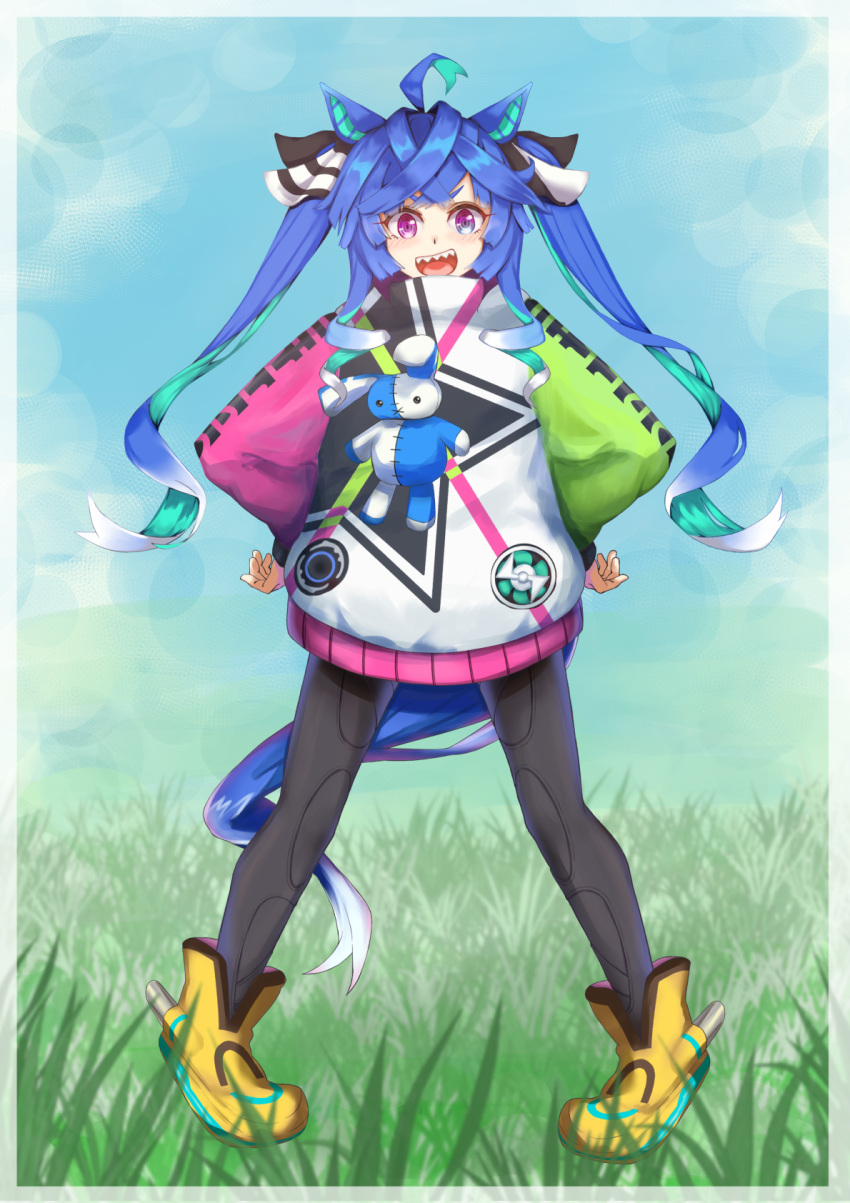 1girl ahoge animal_ears ankle_boots aqua_hair black_bodysuit black_ribbon blue_eyes blue_hair blue_sky bodysuit boots coat commentary crossed_bangs day full_body grass hair_ribbon hands_on_own_hips heterochromia highres horse_ears horse_girl horse_tail long_hair long_sleeves looking_at_viewer multicolored_coat multicolored_hair nora_red open_mouth outdoors purple_eyes ribbon sharp_teeth sidelocks sky smile solo standing star_(symbol) star_print stuffed_animal stuffed_rabbit stuffed_toy tail teeth twin_turbo_(umamusume) twintails two-tone_hair umamusume yellow_footwear