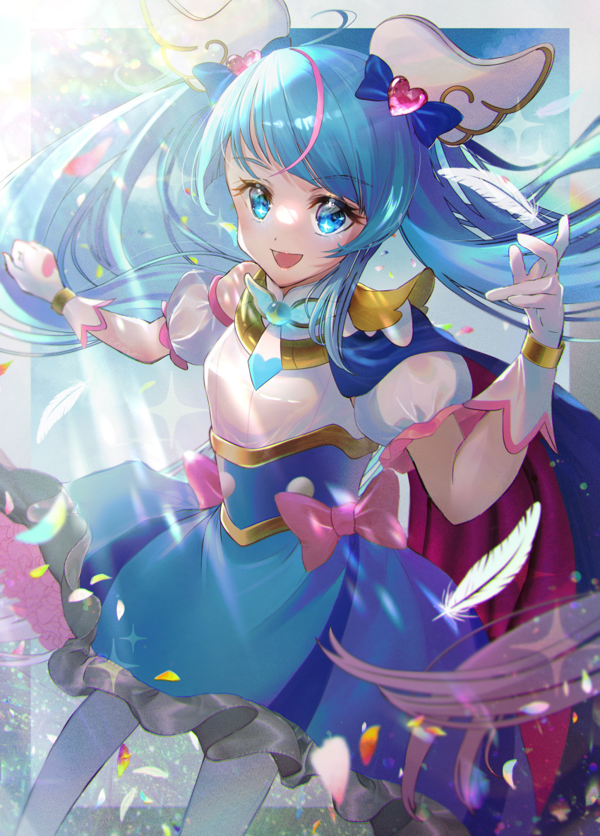 1girl absurdres blue_cape blue_dress blue_eyes blue_hair brooch cape commentary_request cure_sky cut_bangs detached_sleeves dress feathers frilled_dress frills gloves highres hirogaru_sky!_precure jewelry light_particles long_hair looking_at_viewer magical_girl minccino7 multicolored_hair open_mouth petals pink_hair precure puffy_detached_sleeves puffy_sleeves red_cape short_dress single_sidelock sleeveless sleeveless_dress smile solo sora_harewataru standing streaked_hair sunlight thighhighs twintails two-sided_cape two-sided_fabric very_long_hair white_gloves white_thighhighs wing_brooch wing_hair_ornament