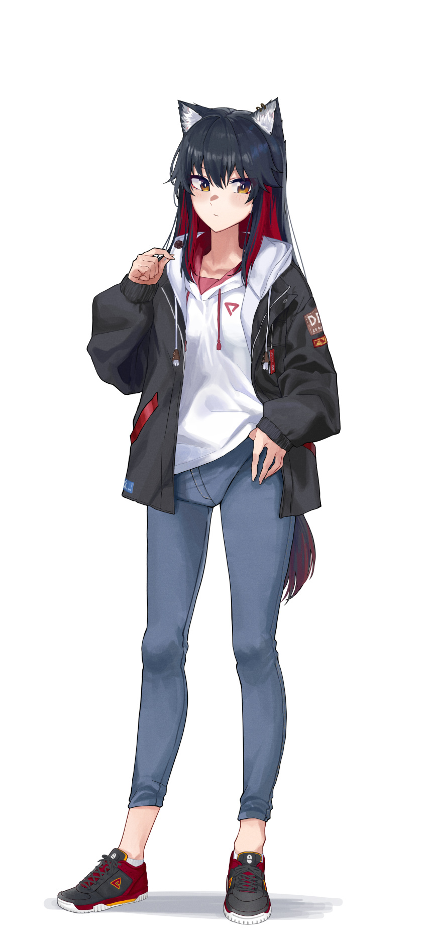 1girl absurdres animal_ears arknights black_footwear black_hair black_jacket brand_name_imitation brown_eyes candy cat_ears crotch_zipper dierbeibanjia ear_piercing fingernails food hand_on_own_hip highres holding holding_candy holding_food holding_lollipop hood hoodie jacket leaning_to_the_side logo lollipop looking_to_the_side patch piercing red_footwear red_hair red_shirt red_trim shirt skinny skinny_jeans tail texas_(arknights) white_background white_hair white_hoodie wolf_tail zipper