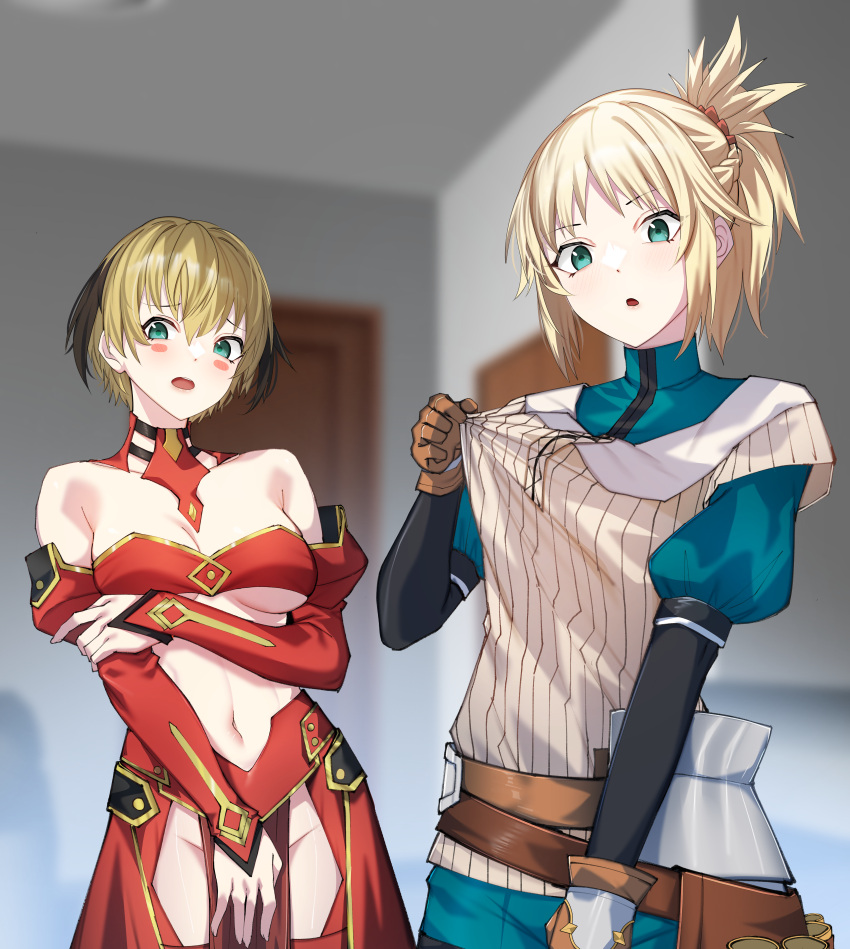 2girls absurdres blonde_hair blush blush_stickers braid breasts cleavage cosplay costume_switch english_commentary fate/grand_order fate_(series) french_braid gareth_(fate) gareth_(fate)_(cosplay) gloves green_eyes hair_between_eyes hair_flaps hair_ornament hair_scrunchie highres medium_breasts mordred_(fate) mordred_(fate/apocrypha) mordred_(fate/apocrypha)_(cosplay) multiple_girls navel okamired open_mouth red_scrunchie scrunchie short_hair siblings sidelocks sisters