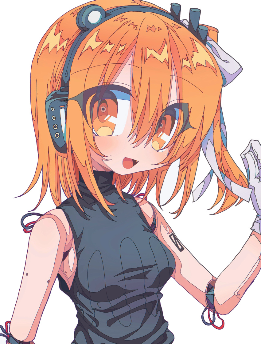 1girl a.i._voice absurdres adachi_rei android bare_shoulders black_shirt breasts cable commentary_request fang hair_ribbon hand_up headlamp headphones highres joints looking_at_viewer medium_breasts medium_hair mekziro one_side_up open_mouth orange_eyes orange_hair radio_antenna ribbon robot_joints seams shirt simple_background skin_fang sleeveless sleeveless_turtleneck smile solo turtleneck upper_body utau white_background white_ribbon