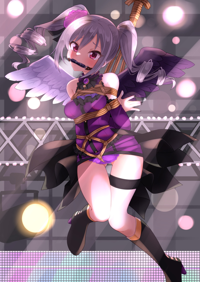 1girl arms_behind_back bdsm black_footwear black_skirt blush bondage boots bound bow bowtie breasts crotch_rope drill_hair eyebrows_hidden_by_hair feathered_wings flower frills gag gem grey_hair hair_between_eyes hair_flower hair_ornament hair_ribbon highres idolmaster idolmaster_cinderella_girls idolmaster_cinderella_girls_starlight_stage kanzaki_ranko large_breasts long_hair looking_to_the_side mukanata panties purple_panties purple_wings restrained ribbon see-through shibari skirt solo tears thigh_strap twin_drills twintails underwear wings