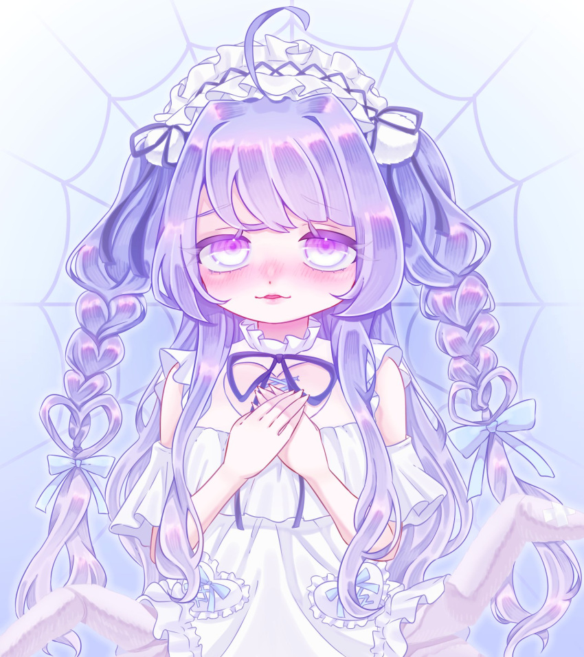 1girl amiya_aranha amiya_aranha_(1st_costume) arthropod_limbs blue_background blue_bow bow cowlick hair_bow hairband highres indie_virtual_youtuber lolita_hairband looking_at_viewer nanahan_(nanas_127) purple_eyes purple_hair purple_ribbon ribbon silk solo spider_web straight-on two_side_up upper_body virtual_youtuber white_hairband