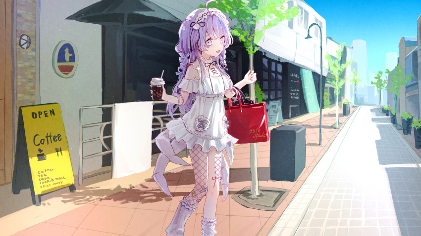 1girl absurdres amiya_aranha amiya_aranha_(1st_costume) bag black_ribbon bow cafe clothing_cutout commission cowlick cup dress hairband handbag heart highres holding holding_cup iced_coffee indie_virtual_youtuber lolita_hairband outdoors pantyhose purple_bow purple_eyes purple_pantyhose red_bag ribbon second-party_source shadow shop shoulder_cutout sign single_leg_pantyhose sky smile socks solo tree two_side_up virtual_youtuber white_dress white_hairband white_socks yami_ara
