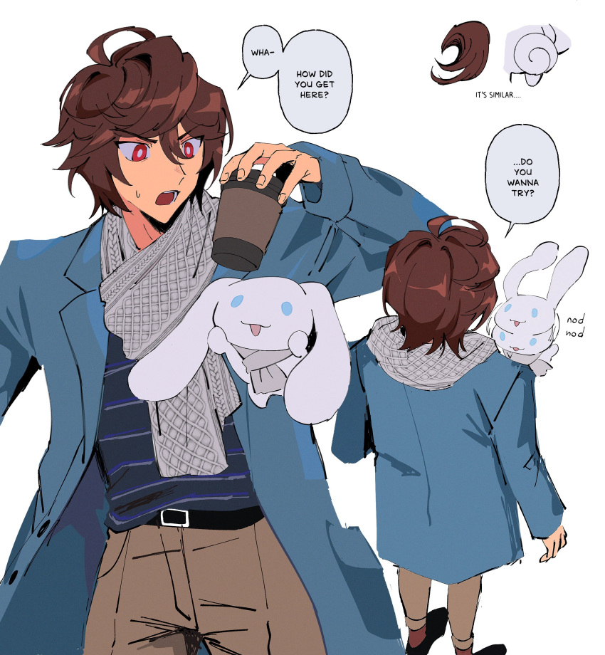 1boy 1other absurdres ahoge arm_up belt blue_jacket bright_pupils brown_hair brown_pants cinnamoroll coffee cup english_text from_behind granblue_fantasy highres holding holding_cup jacket male_focus messy_hair motion_lines multiple_views nodding nodplus50pts open_clothes open_jacket open_mouth pants rabbit red_eyes sandalphon_(granblue_fantasy) sanrio scarf shirt short_hair sketch speech_bubble striped_clothes striped_shirt surprised sweatdrop swirl trait_connection white_background white_pupils white_scarf