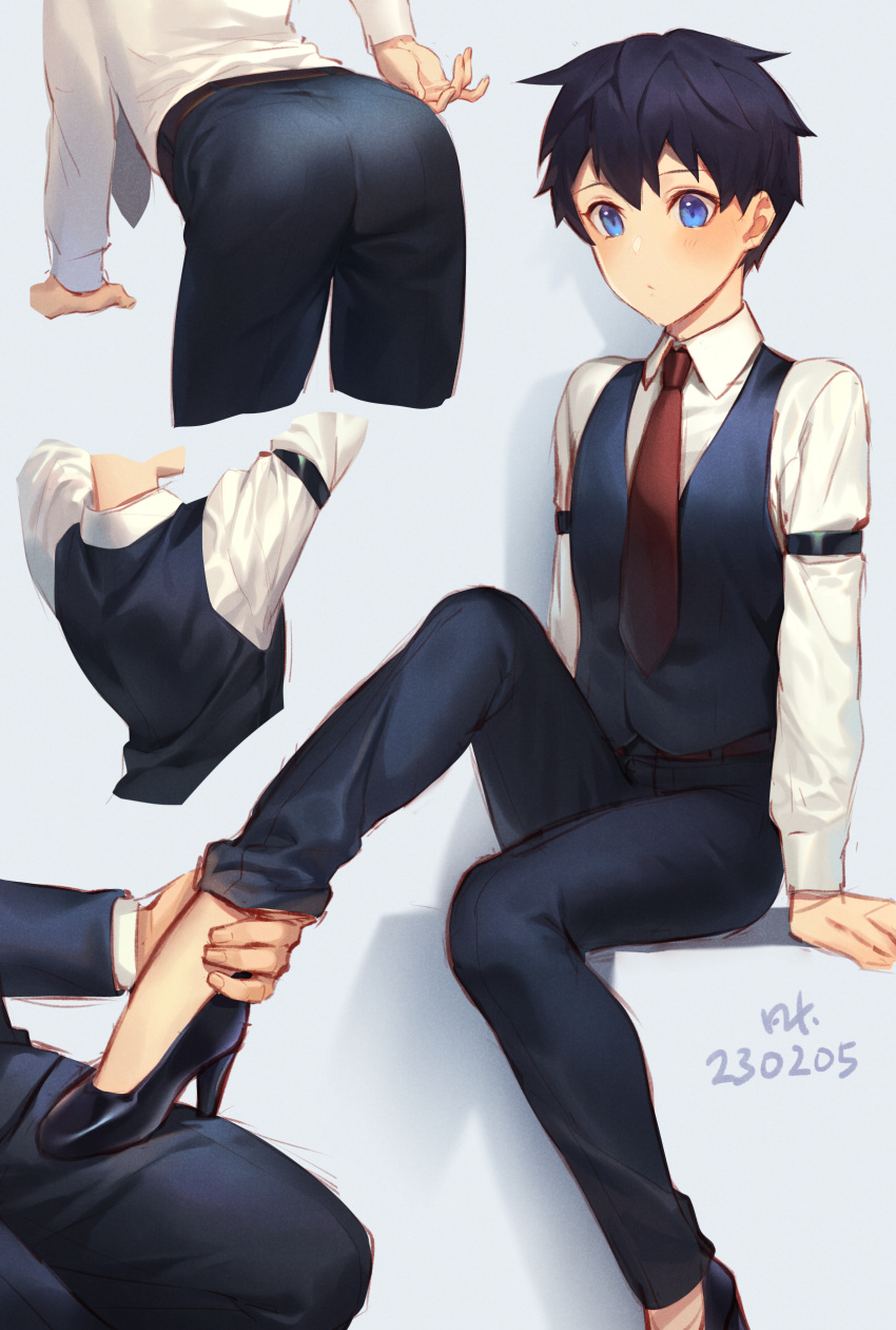 1boy absurdres ankle_grab arm_strap arm_support arms_at_sides ass belt bent_over black_footwear black_hair black_jacket black_necktie black_pants blue_eyes collared_shirt cropped_legs cropped_torso dated grey_background high_heels highres jacket kiyonagi knee_up kusanagi_(kiyonagi) long_sleeves looking_at_another male_focus multiple_views necktie original out_of_frame pants red_necktie shirt short_hair simple_background stepped_on suit tight_clothes tight_pants white_shirt