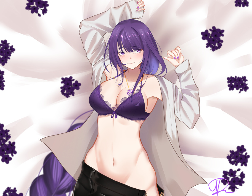 1girl arms_up bare_shoulders bra breasts cleavage commentary_request genshin_impact groin highres jewelry large_breasts long_hair looking_at_viewer navel nitrouzs open_clothes open_shirt pendant purple_bra purple_eyes purple_hair raiden_shogun shirt solo stomach underwear upper_body very_long_hair white_shirt