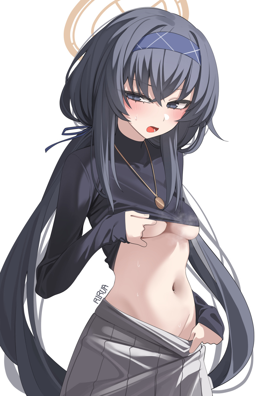 1girl absurdres artist_name black_eyes black_hair black_shirt blue_archive blue_hairband blush breasts hair_between_eyes hairband halo highres jewelry lira long_hair medium_breasts open_mouth pendant pleated_skirt shirt signature simple_background skirt sleeves_past_wrists solo ui_(blue_archive) underboob white_background white_skirt