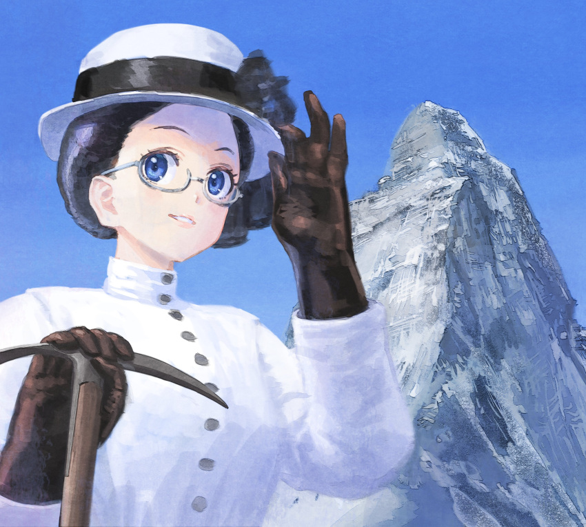 1girl absurdres birthday black_hair blue_eyes bowl bowl_hat glasses gloves hand_on_headwear hat highres leather leather_gloves long_sleeves mountain nazo_no_anime-dan pickaxe saitou_kaede_(yama_no_susume) semi-rimless_eyewear smile solo tagme under-rim_eyewear upper_body yama_no_susume