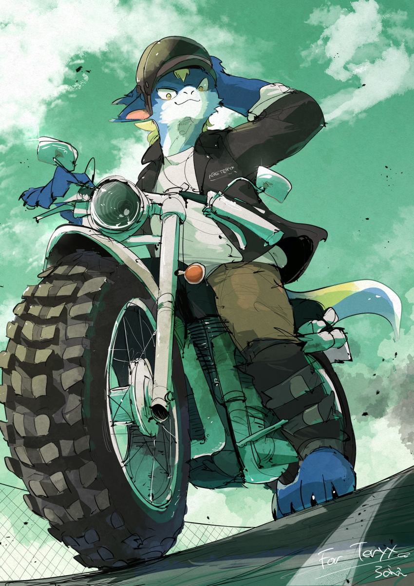 anime anthro biker bizarre clothing costume diamond_(disambiguation) dragon dripping hi_res highway insane jojo kemono leather motorcycle noisy pastel rain_dragon teryx teryx_commodore town vehicle