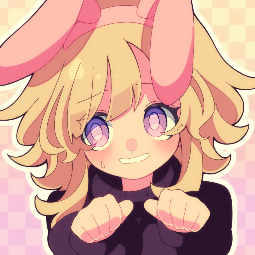 animal_ear_hairband animal_ears blonde_hair checkered_background eyelashes facing_viewer fake_animal_ears flipped_hair gradient_background hair_between_eyes hairband head_tilt headband highres long_sleeves looking_to_the_side lop_rabbit_ears medium_hair nervous nervous_smile nervous_sweating outline parted_lips paw_pose pink_headband puffy_long_sleeves puffy_sleeves purple_background purple_eyes purple_sweater rabbit_ears rueruechn shaded_face sidelocks smile sweat sweater tareme teeth turtleneck turtleneck_sweater unusually_open_eyes upper_body urotsuki white_outline yume_2kki