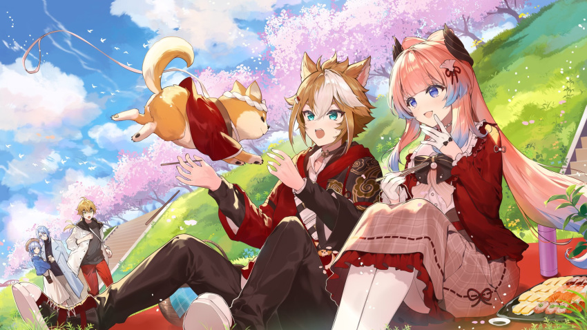2girls 3boys alternate_costume black_bow blue_eyes blue_hair bow bow-shaped_hair casual chopsticks cloud cloudy_sky colored_tips dress food genshin_impact glove_bow gloves gorou_(genshin_impact) gorou_(sushiro)_(genshin_impact) half_gloves highres holding holding_chopsticks jacket jewelry kamisato_ayaka kamisato_ayato light_blue_hair long_hair long_sleeves looking_at_another multicolored_hair multiple_boys multiple_girls necklace necomi official_alternate_costume open_clothes open_jacket open_mouth outdoors pantyhose pearl_necklace pink_hair red_jacket running sangonomiya_kokomi sangonomiya_kokomi_(sushiro) sidelocks sitting sky smile standing striped_clothes striped_dress sushi taroumaru_(genshin_impact) thoma_(genshin_impact) white_gloves white_pantyhose