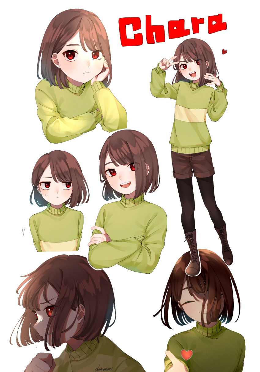 1other ake_blood artist_name black_pantyhose blush boots brown_footwear brown_hair brown_shorts chara_(undertale) character_name clenched_hand closed_eyes closed_mouth commentary_request crossed_arms full_body green_sweater hand_on_own_face hand_up heart highres long_sleeves looking_at_viewer looking_to_the_side open_mouth pantyhose red_eyes short_hair shorts simple_background single_stripe smile solo standing striped_clothes striped_sweater sweatdrop sweater teeth tongue turtleneck turtleneck_sweater undertale upper_body v v-shaped_eyebrows white_background
