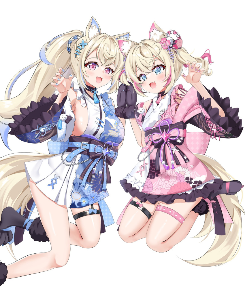 2girls animal_ear_fluff animal_ears animal_hands belt black_sash blonde_hair blue_belt blue_eyes blue_hair blue_kimono breasts dog_ears dog_girl dog_paws dog_tail fangs flat_chest floral_print_kimono flower fuwawa_abyssgard fuwawa_abyssgard_(new_year) hair_flower hair_ornament highres hololive hololive_english japanese_clothes kimono large_breasts long_hair looking_at_viewer mococo_abyssgard mococo_abyssgard_(new_year) multicolored_hair multiple_girls official_alternate_costume open_mouth pink_belt pink_eyes pink_hair pink_kimono ponytail sash short_hair short_kimono siblings sisters skin_fangs sleeveless sleeveless_kimono streaked_hair tail thigh_strap twins twintails virtual_youtuber white_background yoshino_sakura_(0db5t510388113n)