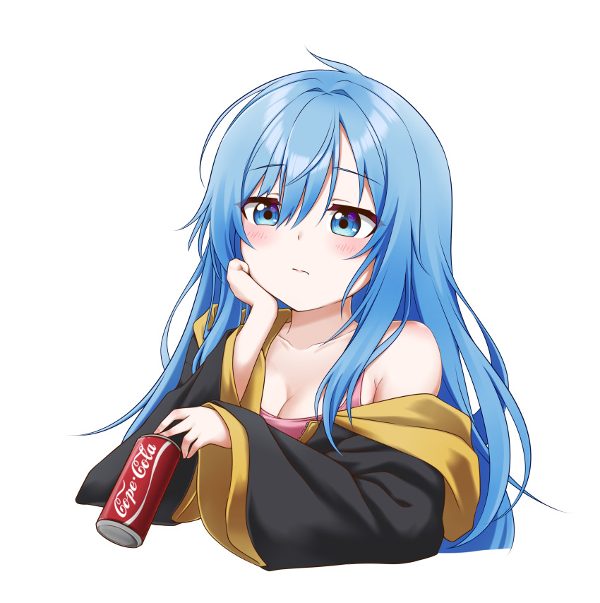 1girl absurdres blue_eyes blue_hair breasts can cleavage closed_mouth coca-cola collarbone elie_wayne highres holding holding_can jan_azure large_breasts long_hair long_sleeves original pink_tank_top solo tank_top transparent_background