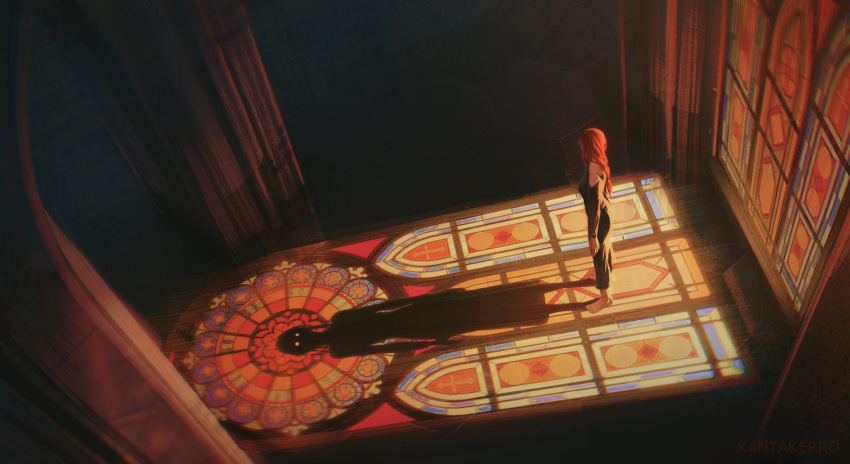 1girl artist_name bare_shoulders barefoot black_dress braid braided_ponytail chainsaw_man commentary dress english_commentary from_above from_side highres indoors kantakerro long_hair long_sleeves makima_(chainsaw_man) off_shoulder red_hair shadow single_braid solo stained_glass window_shade