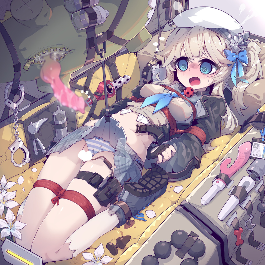 1girl @_@ absurdres animal_penis arms_behind_back ball_gag black_footwear blue_eyes blue_neckerchief bound breasts character_request commentary_request dildo full_body gag girls'_frontline grey_hair grey_skirt highres hitachi_magic_wand imazawa knotted_penis long_hair lying medium_breasts miniskirt navel neckerchief on_back open_mouth paid_reward_available penis plaid plaid_skirt pleated_skirt restrained sex_toy shoe_soles side_ponytail skirt solo variant_set vibrator wavy_mouth white_headwear